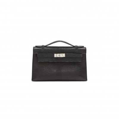 HERMÈS MASTER  BLACK MINI KELLY  LIZARD WITH PALLADIUM HARDWARE (22*14*7cm) 